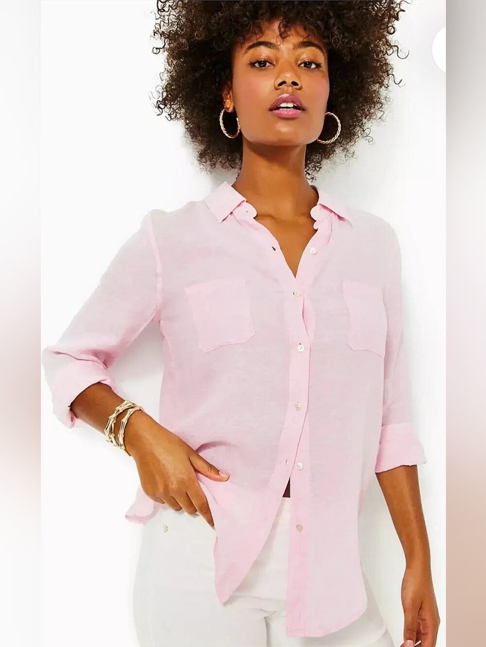 LILLY PULITZER Sea View Linen Button Down Shirt in Light Pink